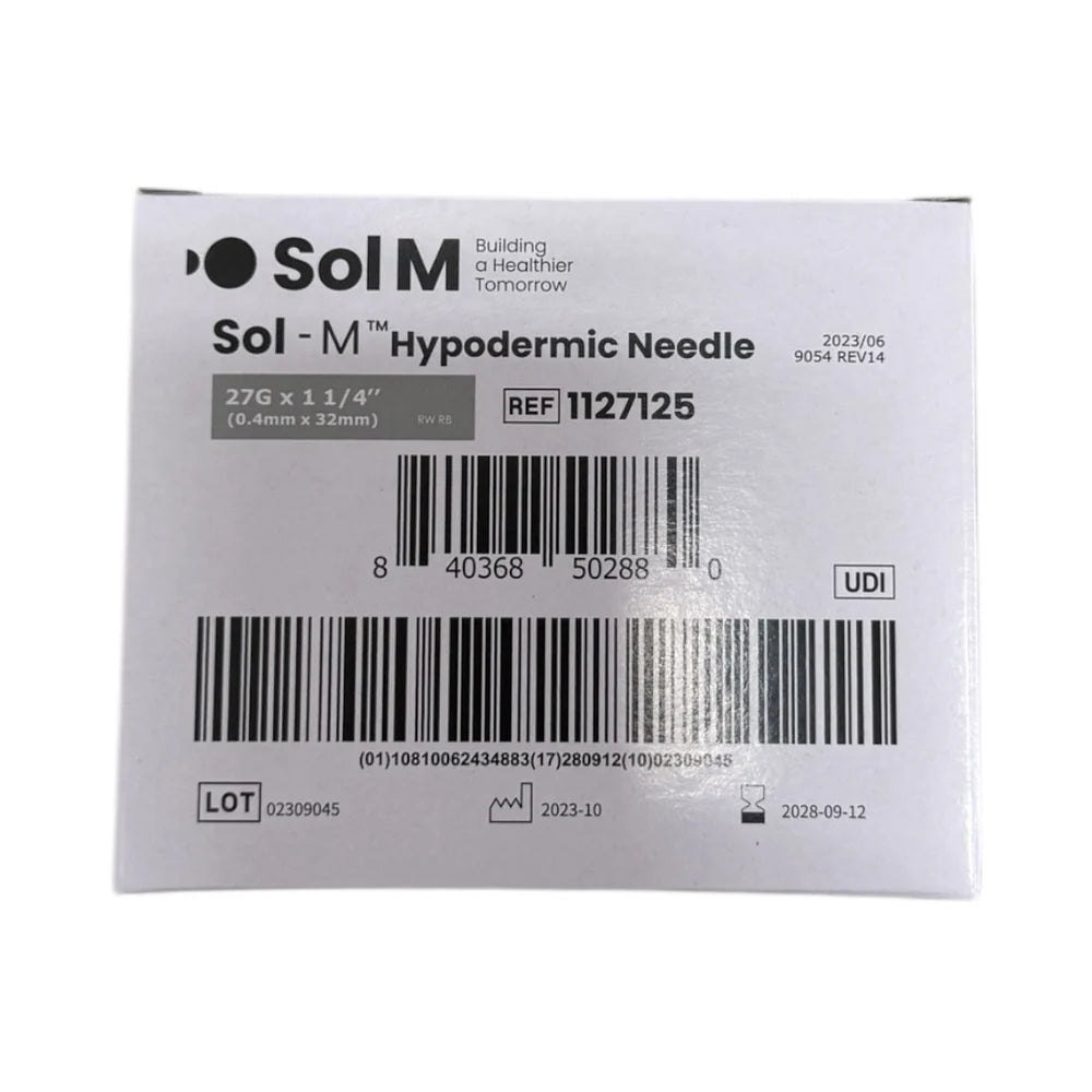Sol-M Hypodermic Needle, 27G x 1.25” - Box of 100